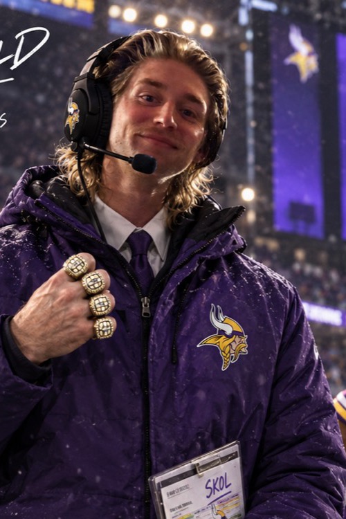 Mike McDonald on the Minnesota sideline in a purple coat and headset