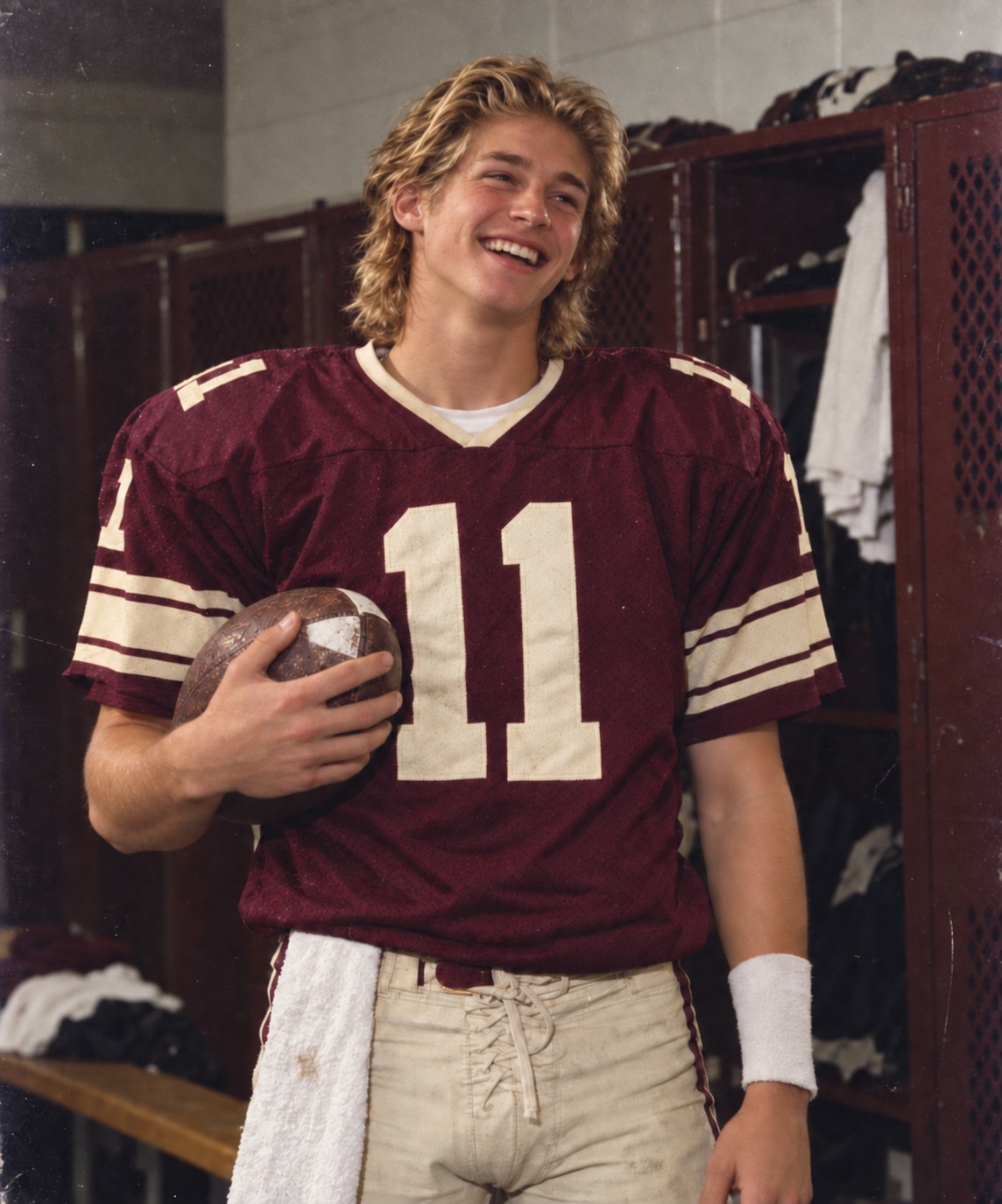 McDonald in a number 11 high-school football jersey, laughing in a locker room